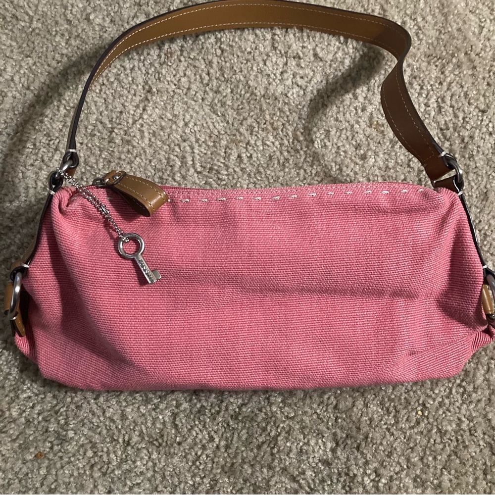 Fossil Pink Canvas Shoulder Bag with Brown Strap - Picture 3 of 4